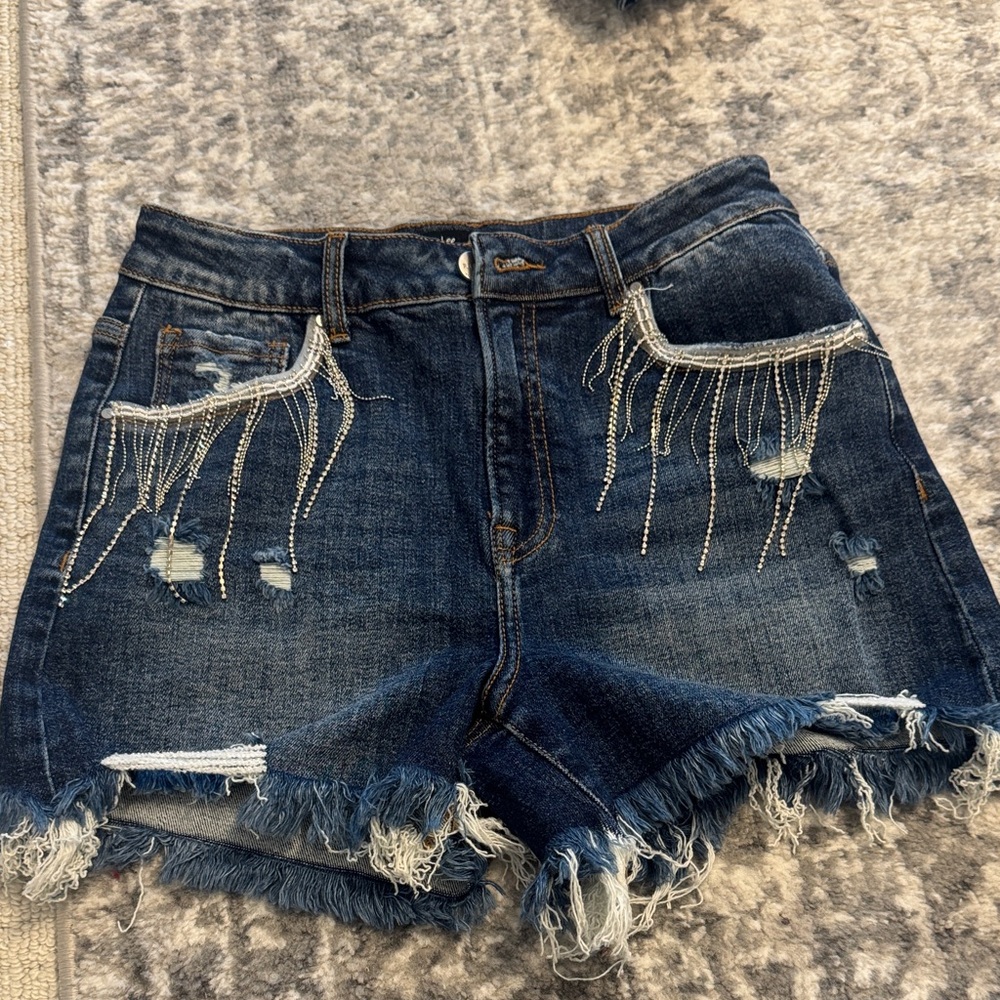 Denim Blue Distressed Shorts with rhinestone Fringe